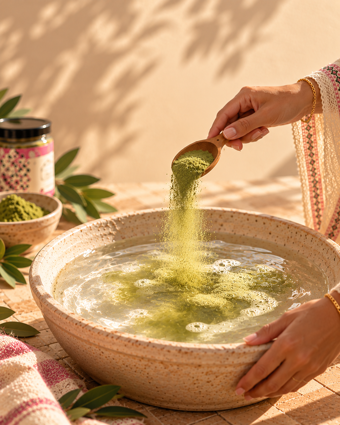 Mains versant du sidr en poudre dans une bassine d'eau, rituel marocain LALLA JALILA